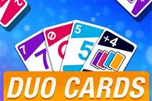 Cărți de joc colorate pe fundal albastru cu textul DUO CARDS scris dedesubt