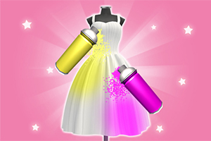 Rochie albă pe un manechin, stropită cu vopsea galbenă și roz de la spray-uri colorate, pe un fundal roz cu stele albe