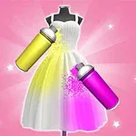 Rochie albă pe un manechin, stropită cu vopsea galbenă și roz de la spray-uri colorate, pe un fundal roz cu stele albe