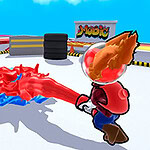 Două personaje animate se confruntă într-un spațiu deschis, folosind un jet albastru și unul roșu care se ciocnesc în mijloc