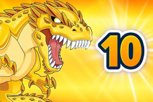 Un dinozaur auriu cu colți vizibili lângă numărul 10 pe un fundal strălucitor