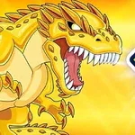 Un dinozaur auriu cu colți vizibili lângă numărul 10 pe un fundal strălucitor