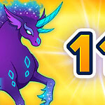 Un unicorn violet cu coama strălucitoare și numărul 11 pe fundal galben