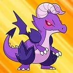 Dragon mov cu aripi și coarne, având ochi roșii, pe un fundal galben-portocaliu vibrant, cu numărul patru în colțul din dreapta jos