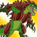 Creatură verde, asemănătoare unui crocodil, în armură maro, afișată lângă numărul șapte pe un fundal portocaliu strălucitor