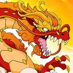 Dragon roșu și auriu cu ochi albaștri deschiși și numărul opt pe fundal portocaliu luminos