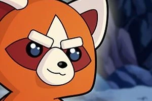 Personaj animat, cu fața unui panda roșu, cu o expresie hotărâtă, pe un fundal de peisaj stâncos