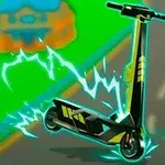 Trotinetă neagră cu accente galbene, înconjurată de efecte electrice albastre, pe un fundal colorat