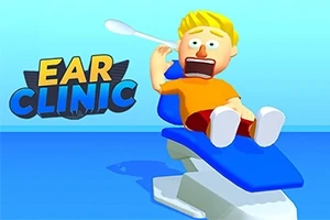 Un personaj animat speriat stă pe un scaun de consultanță, cu textul Ear Clinic lângă el