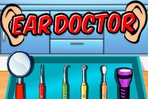 Textul Ear Doctor este scris cu litere roșii, flancat de două desene de urechi, iar dedesubt se află o tavă cu instrumente medicale