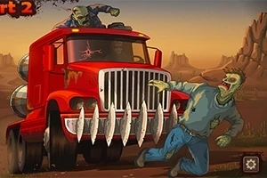 Earn to Die 2012: Part 2 Un camion roșu cu o grilă impunătoare lovește un zombie pe un drum pustiu într-un peisaj deșertic, în timp ce alt zombie se află pe capota camionului