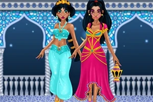 Două personaje animate în ținute orientale stau într-un decor cu arcade ornamentate, una purtând un costum albastru și cealaltă o rochie roz cu o lampă în mână