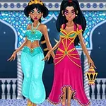 Două personaje animate în ținute orientale stau într-un decor cu arcade ornamentate, una purtând un costum albastru și cealaltă o rochie roz cu o lampă în mână