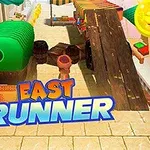 Scene urbană animată cu obstacole și un personaj care aleargă, având textul East Runner în prim plan