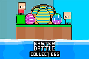Personaje pixelate lângă ouă decorative colorate pe o platformă deasupra apei