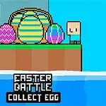 Personaje pixelate lângă ouă decorative colorate pe o platformă deasupra apei