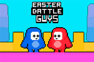 Două personaje pixelate, unul albastru și unul roșu, stau față în față pe un fundal colorat, cu textul Easter Battle Guys deasupra lor
