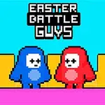 Două personaje pixelate, unul albastru și unul roșu, stau față în față pe un fundal colorat, cu textul Easter Battle Guys deasupra lor