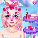 Fată cu păr roz și urechi de iepure, având o coroană de flori, înconjurată de produse cosmetice pe mese rotunde