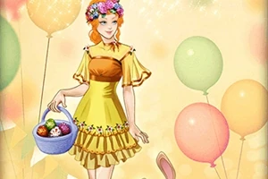 Fată cu rochie galbenă și coroană de flori, ține un coș cu ouă colorate, alături de baloane multicolore