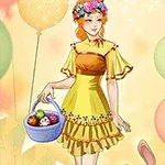 Fată cu rochie galbenă și coroană de flori, ține un coș cu ouă colorate, alături de baloane multicolore