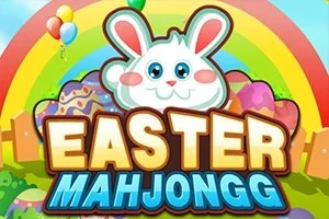 Iepuraș alb cu urechi roz, ouă colorate de Paște, curcubeu și baloane într-un peisaj vesel, cu textul Easter Mahjongg