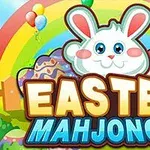 Iepuraș alb cu urechi roz, ouă colorate de Paște, curcubeu și baloane într-un peisaj vesel, cu textul Easter Mahjongg