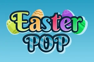 Textul Easter POP colorat, înconjurat de ouă de Paște pe un fundal albastru