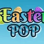 Textul Easter POP colorat, înconjurat de ouă de Paște pe un fundal albastru