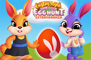 Easter Style Junction Egg Hunt Extravaganza Două iepurași colorați și un ou mare decorat, pe un fundal de cer albastru și dealuri verzi