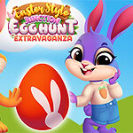 Easter Style Junction Egg Hunt Extravaganza Două iepurași colorați și un ou mare decorat, pe un fundal de cer albastru și dealuri verzi