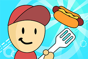 Personaj animat cu șapcă roșie, ținând o spatulă și aruncând un hot dog în aer pe un fundal albastru