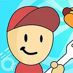 Personaj animat cu șapcă roșie, ținând o spatulă și aruncând un hot dog în aer pe un fundal albastru
