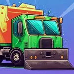 Camion de gunoi colorat, verde și portocaliu, cu o lamă frontală, pe un fundal albastru luminos