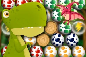 Dinozaur verde și pterozaur roz printre ouă colorate cu puncte