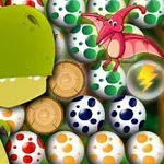 Dinozaur verde și pterozaur roz printre ouă colorate cu puncte