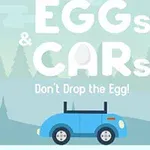 Ilustrație cu o mașină albastră și un ou, pe un fundal cu peisaj de pădure, având text care conține cuvintele EGGs și CARs