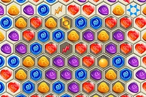 Elemente hexagonale colorate în roșu, albastru, portocaliu și mov, cu simboluri variate în interior