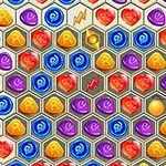 Elemente hexagonale colorate în roșu, albastru, portocaliu și mov, cu simboluri variate în interior