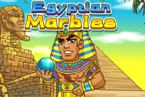 Ilustrație cu un faraon ținând o bilă albastră în fața unei piramide și a unui sfinx, cu textul „Egyptian Marbles” deasupra