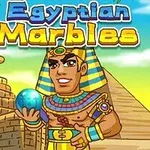 Ilustrație cu un faraon ținând o bilă albastră în fața unei piramide și a unui sfinx, cu textul „Egyptian Marbles” deasupra