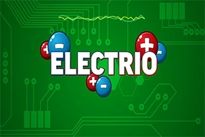 Textul ELECTRIO pe un fundal verde cu simboluri plus și minus, înconjurat de un design stilizat de circuit electronic