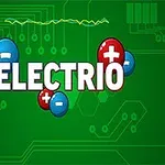 Textul ELECTRIO pe un fundal verde cu simboluri plus și minus, înconjurat de un design stilizat de circuit electronic