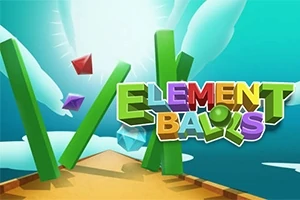 Fundal albastru cu forme colorate și litere tridimensionale care compun textul ELEMENT BALLS