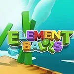 Fundal albastru cu forme colorate și litere tridimensionale care compun textul ELEMENT BALLS