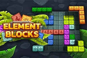 Blocuri colorate în diferite forme pe un fundal de junglă cu frunze și text ELEMENT BLOCKS