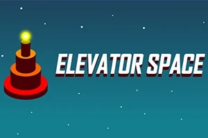 Un turn roșu cu un glob luminos în vârf pe un fundal spațial albastru închis, cu inscripția Elevator Space