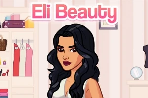 Femeie cu păr negru și buze roșii, în fața unui dulap plin de haine, cu textul Eli Beauty deasupra