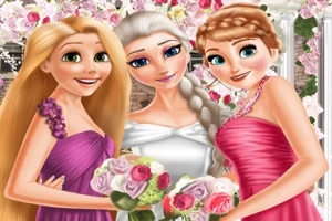 Trei personaje animate zâmbitoare în rochii elegante de seară, ținând buchete de flori, pe un fundal decorat cu arcade și flori