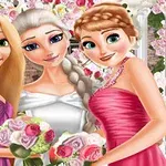 Trei personaje animate zâmbitoare în rochii elegante de seară, ținând buchete de flori, pe un fundal decorat cu arcade și flori